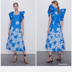 Zara Blue Floral Ruffle Sleeve Dress